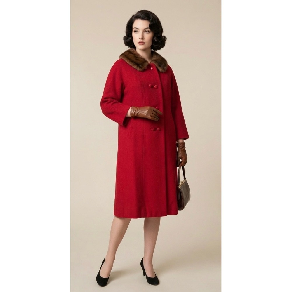 Belson Vintage Mink Fur Collar Coat Womens L Red Mid-Century A-Line Wool